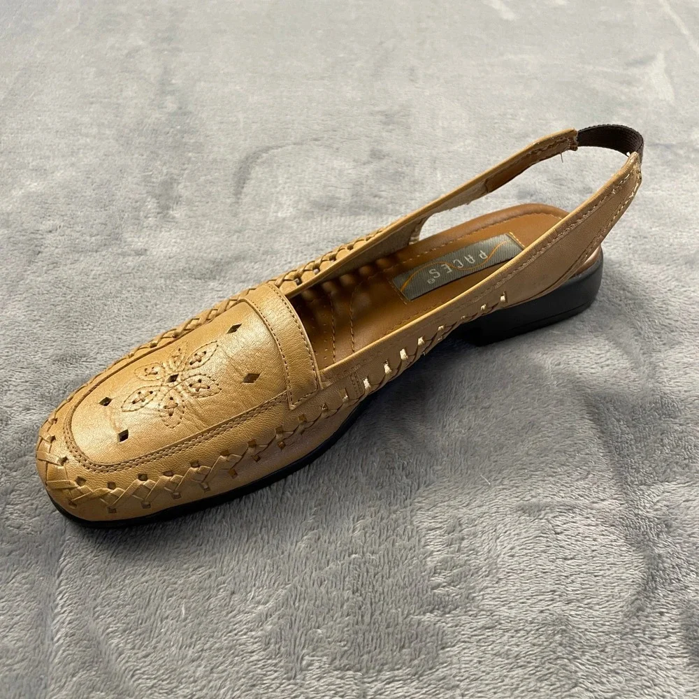Paces Jen Women's 10W Tan Leather Woven Slingback Loafers Floral Perforated Boho